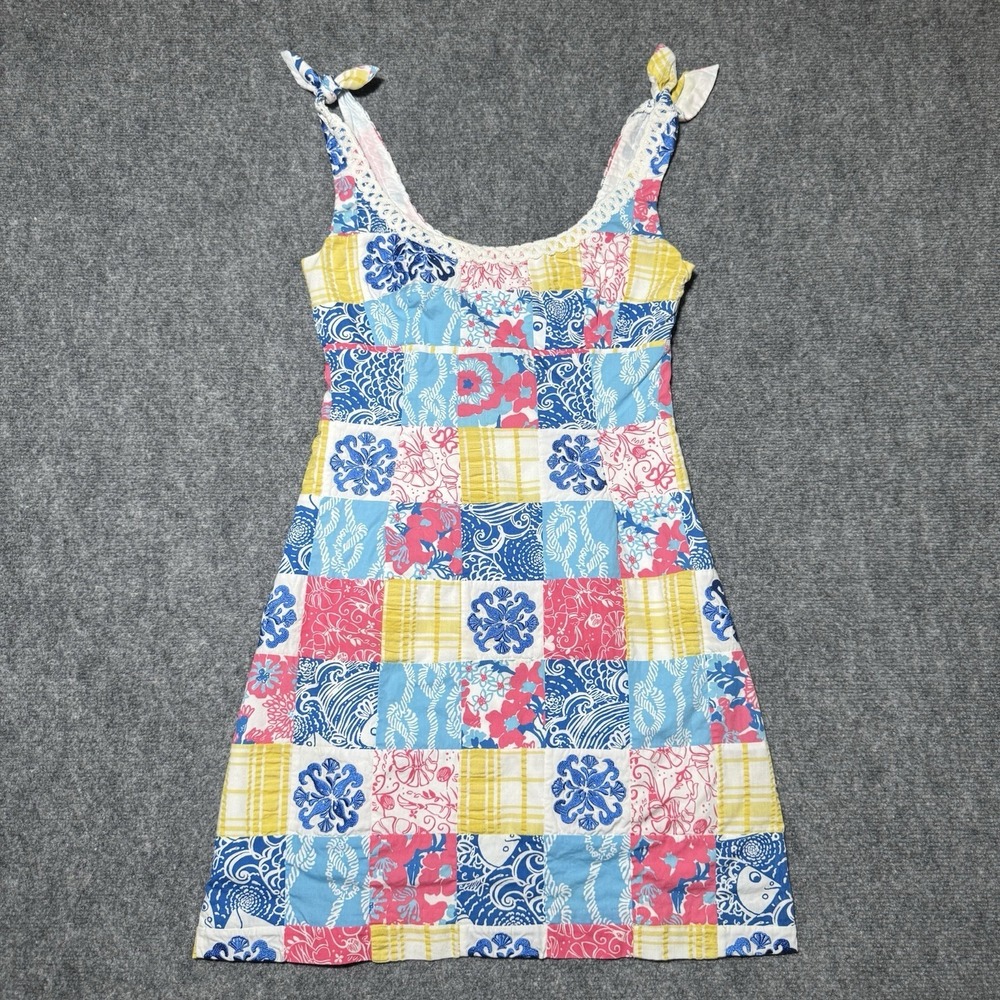 Lilly Pulitzer Shirt Dress Womens Size 2 Patchwork Embroidered Cotton Polyester